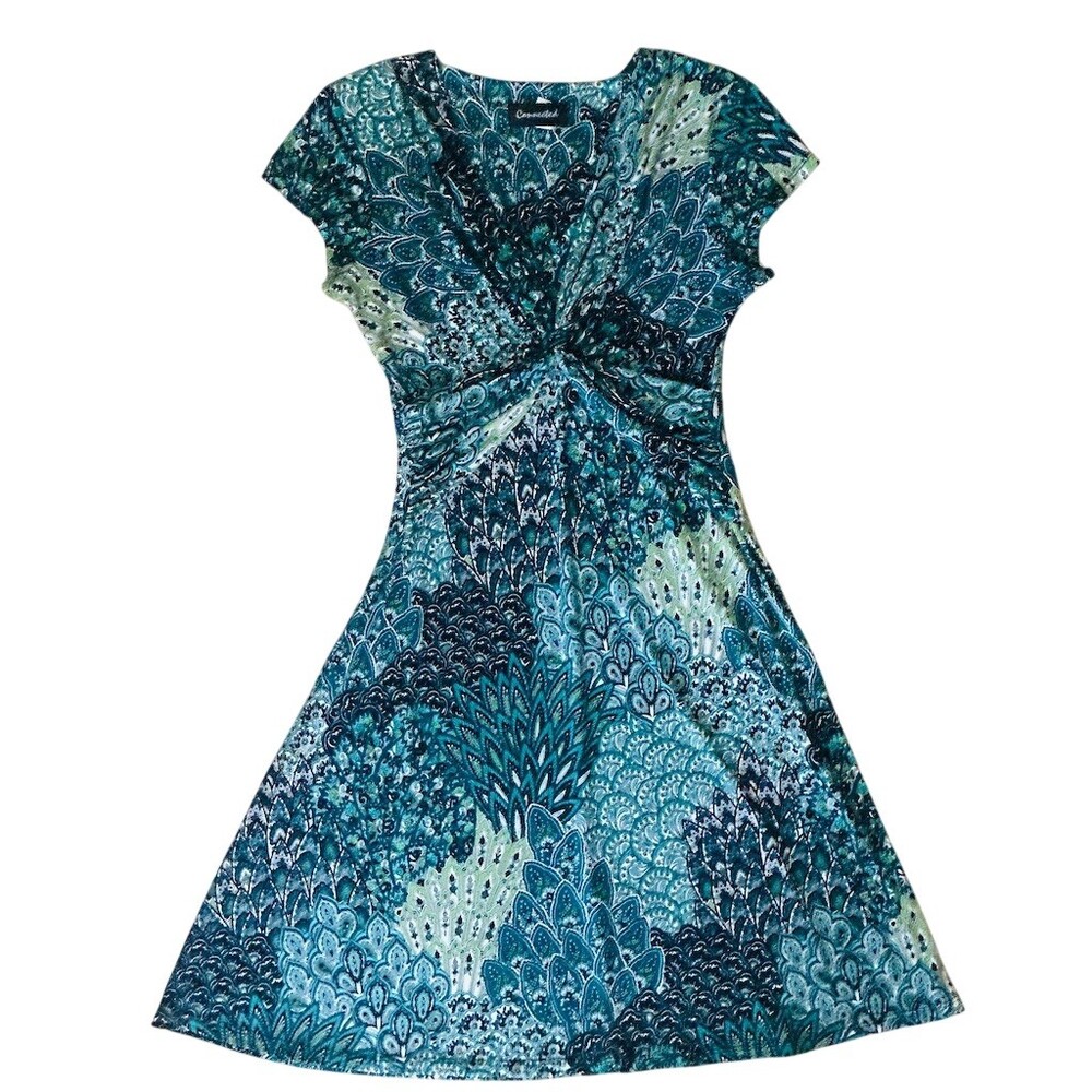 Connected Dress Womens Size 10 Blue Green Paisley Fit & Flare Knee Length